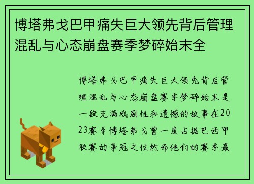 博塔弗戈巴甲痛失巨大领先背后管理混乱与心态崩盘赛季梦碎始末全