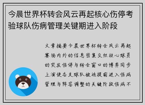 今晨世界杯转会风云再起核心伤停考验球队伤病管理关键期进入阶段 今晨世界杯转会风云再起核心伤停考验球队伤病管理关键期进入阶段